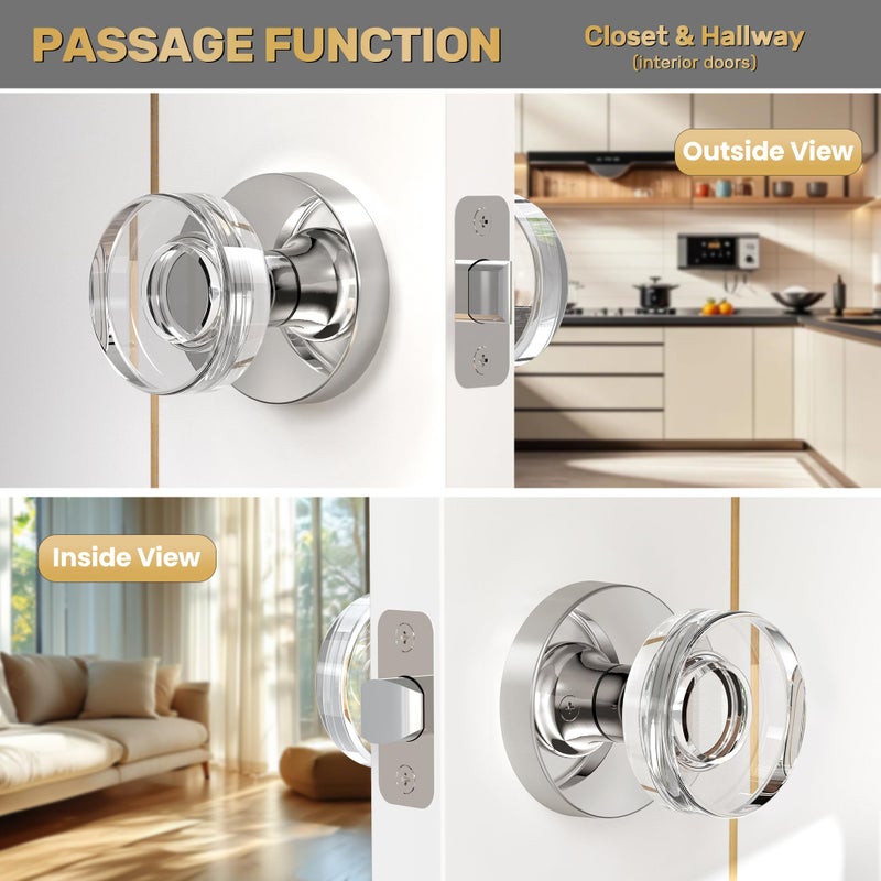 naubea Polished Chrome Door Knobs Glass Door Knobs Interior Passage Door Knob Crystal Interior Door Knob for Closet and Hallway - Image 4